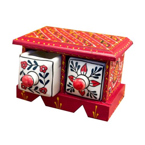 Mini Chest Mango Wood Red 2 Ceramic Drawers 16x10x10cm