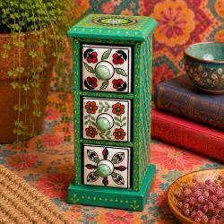 Mini Chest Mango Wood Green 3 Ceramic Drawers Vertical 10x10x25cm
