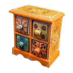 Mini Chest Mango Wood Orange 4 Ceramic Drawers 17x10x17cm