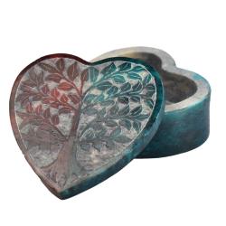 Heart shaped soapstone trinket box tree of life design hand carved 8.5 x 7.5 cm