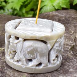 Circular Soapstone elephant incense/candle holder, 6 x 6cm