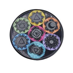 Incense Holder Round, Soapstone, Chakra Symbols 10cm diameter