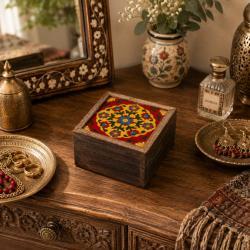 Secret Lock Box Mango Wood with Tile - Floral on Red