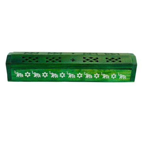 Incense stick and cone smoke box with storage, green