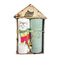 2 Christmas Tea Towels Cat House Gift Set Recycled Cotton