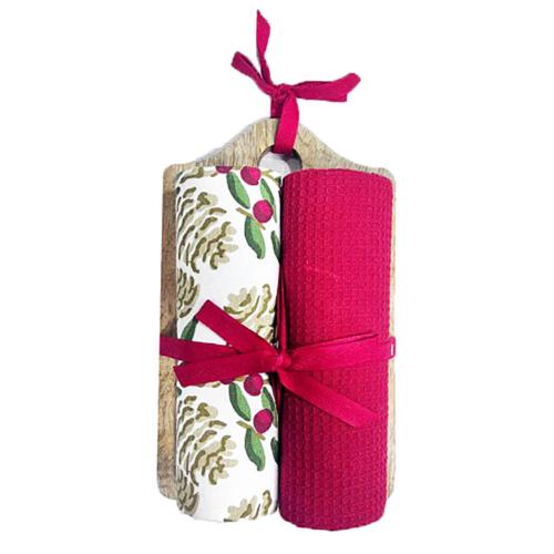 2 Christmas Tea Towels + Wood Serving Board Recycled Cotton