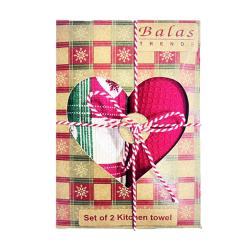 2 Christmas Tea Towels in Heart Cut Out Box Recycled Cotton