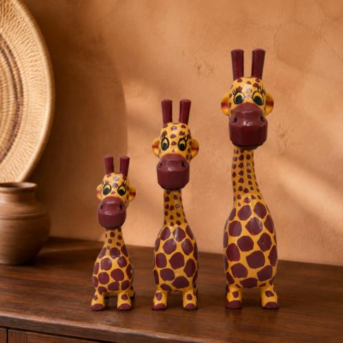 Set of 3 Worried Giraffes Albesia Wood