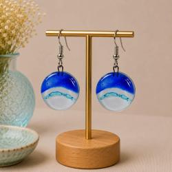 Earrings, glass round blue and white 2cm diameter