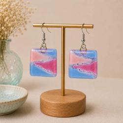 Earrings Recycled Glass Square Lilac Pink Rose 2 x 2cm