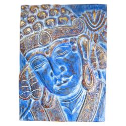 Wall hanging woodcarving Budhha head to side blue 30 x 40 x 3xm