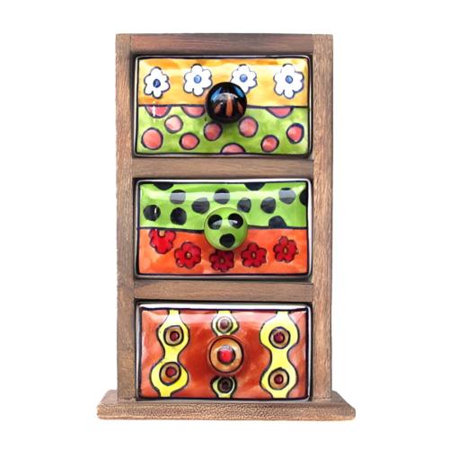 Mini Chest Mango Wood 3 Ceramic Drawers Yellow Green Red 13x25x10cm