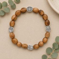 Bracelet olive wood beads with Mary and cross discs