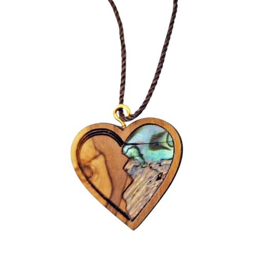 Pendant Olive Wood Heart with Mother of Pearl 6 x 10cm