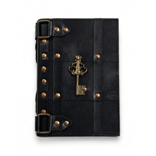 Notebook with Key Leather Bound Black 13 x 18cm