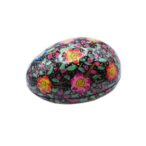 Egg Shaped Trinket Box Flowers on Black Background Papier Mâché 9cm
