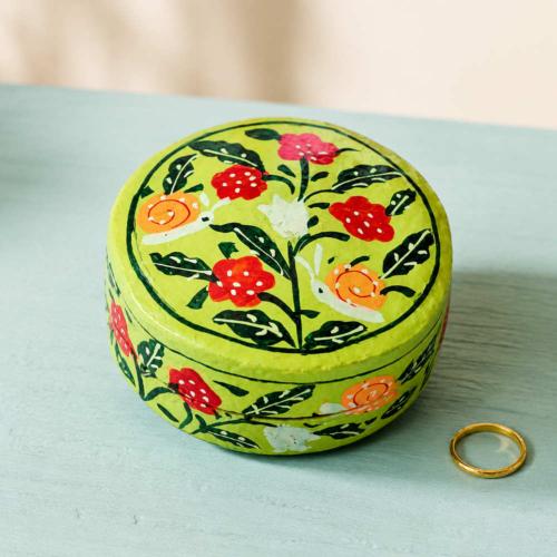 Trinket Box Round Papier Mâché Snails and Flowers 8cm