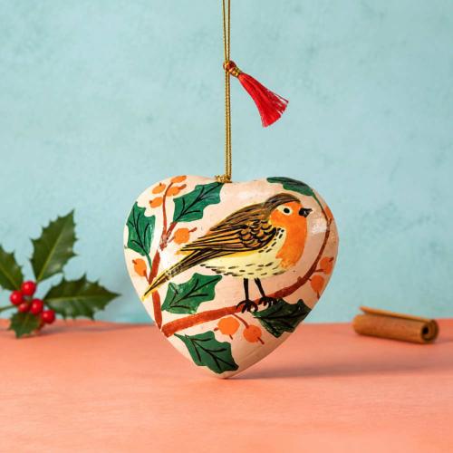 Hanging Heart Decoration Papier Mâché Robin Design 6.5cm