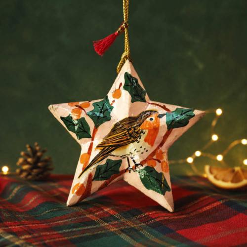 Hanging Star Decoration Papier Mâché Robin Design 8cm