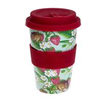 Reusable travel cup, biodegradable, strawberries and field mouse