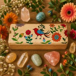 Pen Pencil Trinket Box Handpainted Wood Floral Bird 20x6x6cm