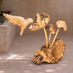 Hand-Carved Hummingbird with Woodland Toadstools