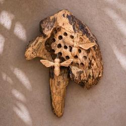 Hand-Carved Wild Bee Hive with Three Bees