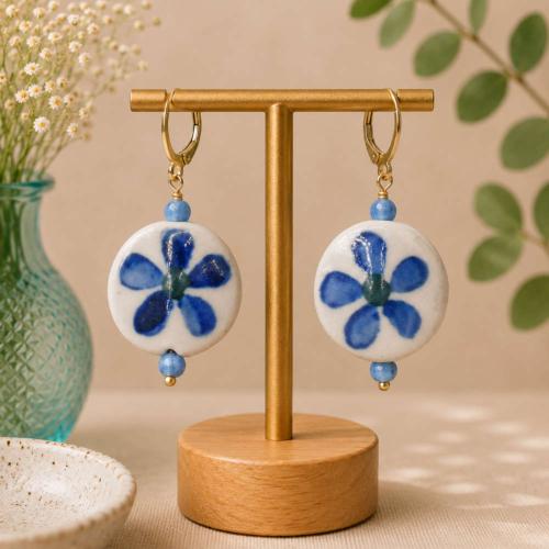 Earrings Ceramic Circle Blue Flower on White