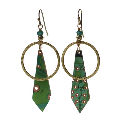Earrings, recycled circuit board, tie shape with circle