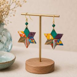 Earrings, multi coloured star, painted clay