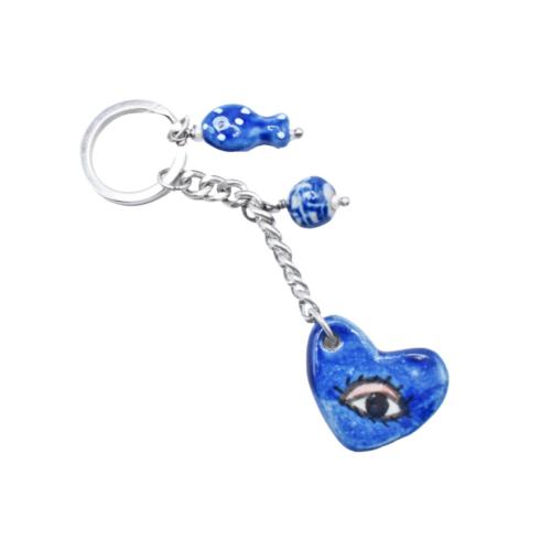 Ceramic Keyring with Blue Heart with Eye