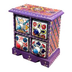 Mini Chest Mango Wood Purple 4 Ceramic Drawers 17x10x17cm
