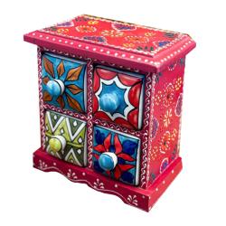 Mini Chest Mango Wood Red 4 Ceramic Drawers 17x10x17cm