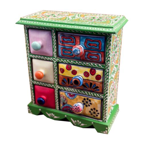Mini Chest Mango Wood Green 6 Ceramic Drawers 20x10x23cm