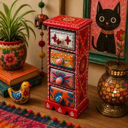 Mini Chest Mango Wood Red 4 Ceramic Drawers Vertical 14x10x30cm