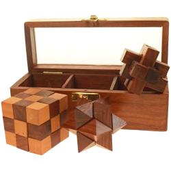 Box of 3 wooden puzzle games in quality handcarved sheesham wood box 17.5x6.5x7