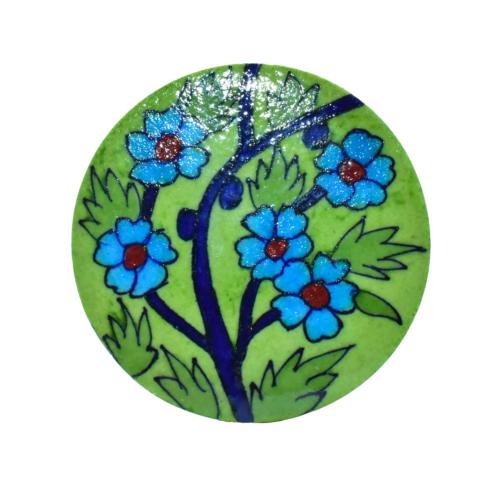 Single Round Ceramic Coaster, green with blue flowers 9cm diameter