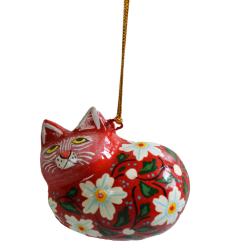 Hanging cat decoration, flowers on red, papier maché