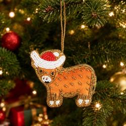 Hanging Christmas Decoration Highland Cow Santa Hat Beaded 