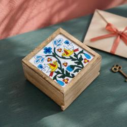 Secret Lock Box Mango Wood with Tile - 2 Birds + Floral