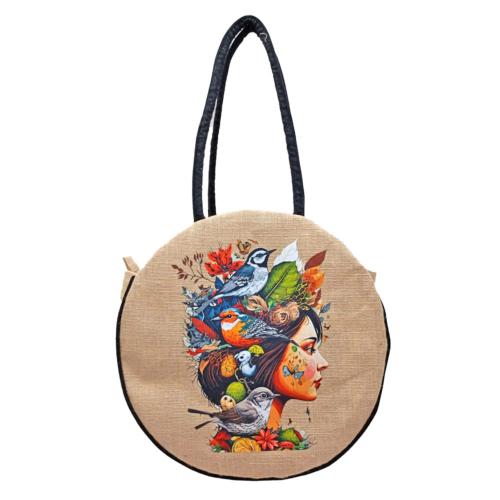 Jute Circular Bag with Zip Birds + Face to Right