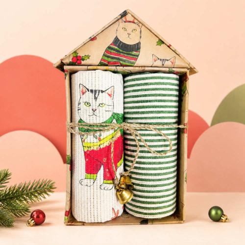 2 Christmas Tea Towels Cat House Gift Set Recycled Cotton