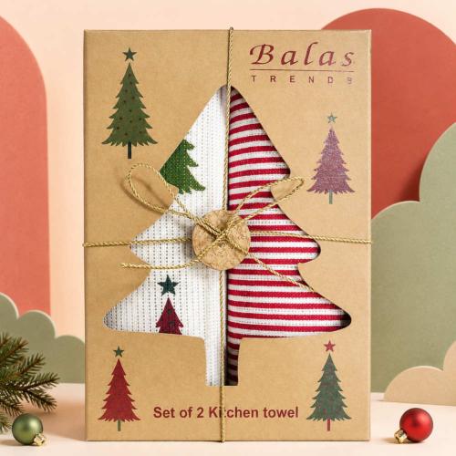 2 Christmas Tea Towels Christmas Tree Box Recycled Cotton