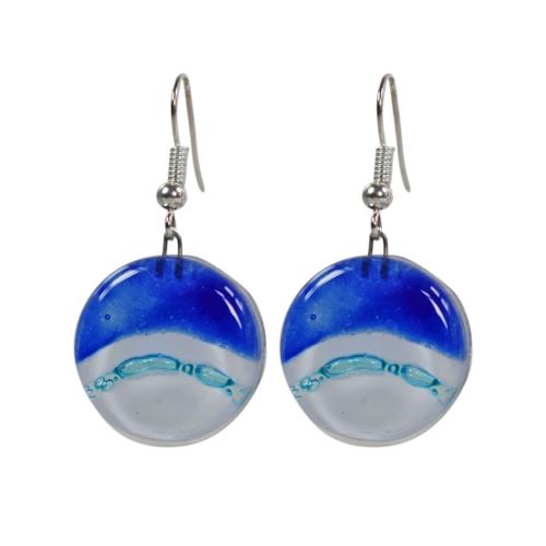 Earrings, glass round blue and white 2cm diameter