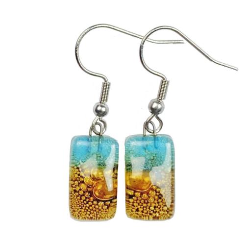 Earrings Recycled Glass Rectangle Turquoise Gold 0.8 x 1.5cm