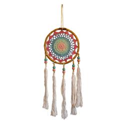 Dreamcatcher on bamboo frame, white tassels, pink turquoise yellow inner, diameter 17cm