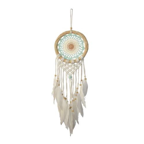 Dreamcatcher on bamboo frame, 17cm diameter green white brown