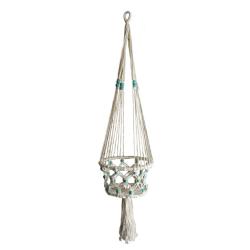 Hanging basket crochet blue beads 22cm diam 90cm length