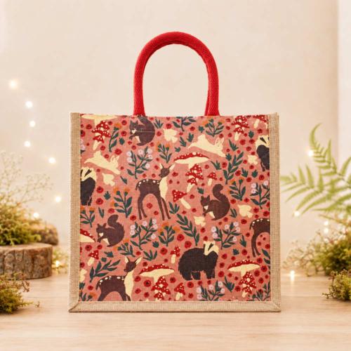 Jute Shopping Bag, Woodland Animals Pink 30x30cm