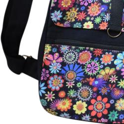 Backpack recycled cotton, multicoloured flowers on black 33x37.5cm